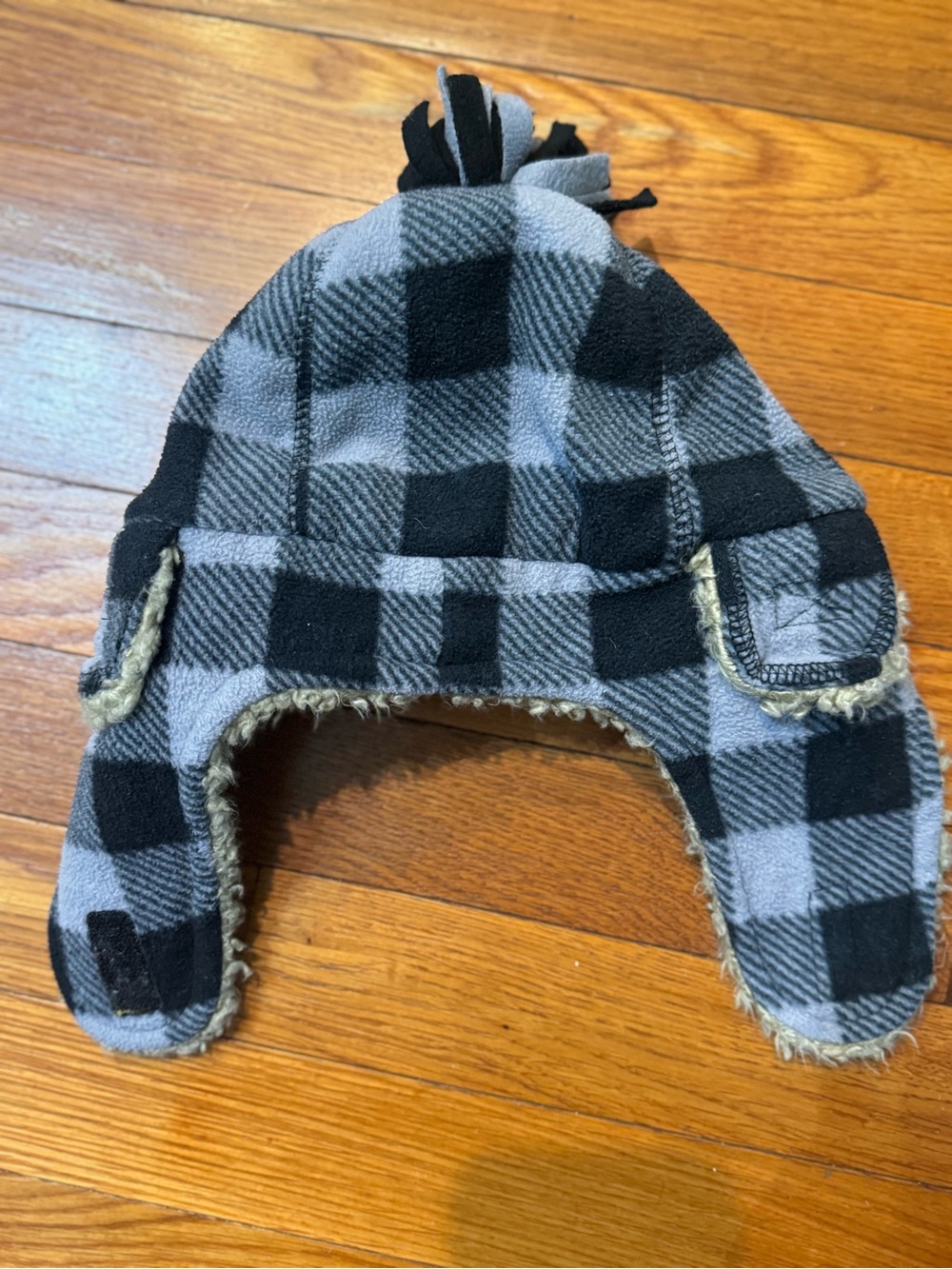 GAP Kids Black and Gray Plaid Fleece Trapper Hat